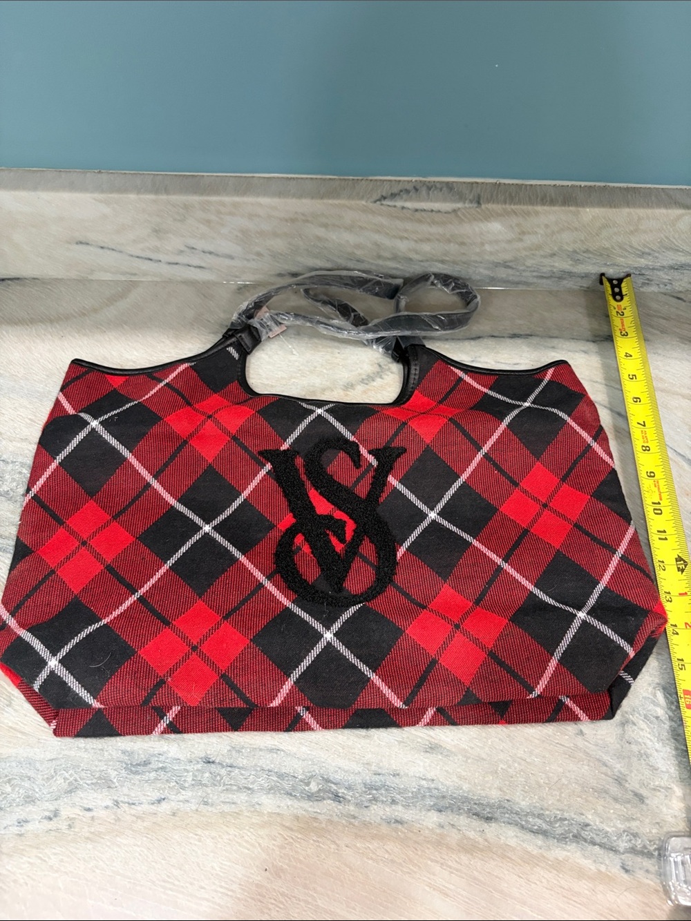 Red Plaid Tote Bag with Monogram Detail